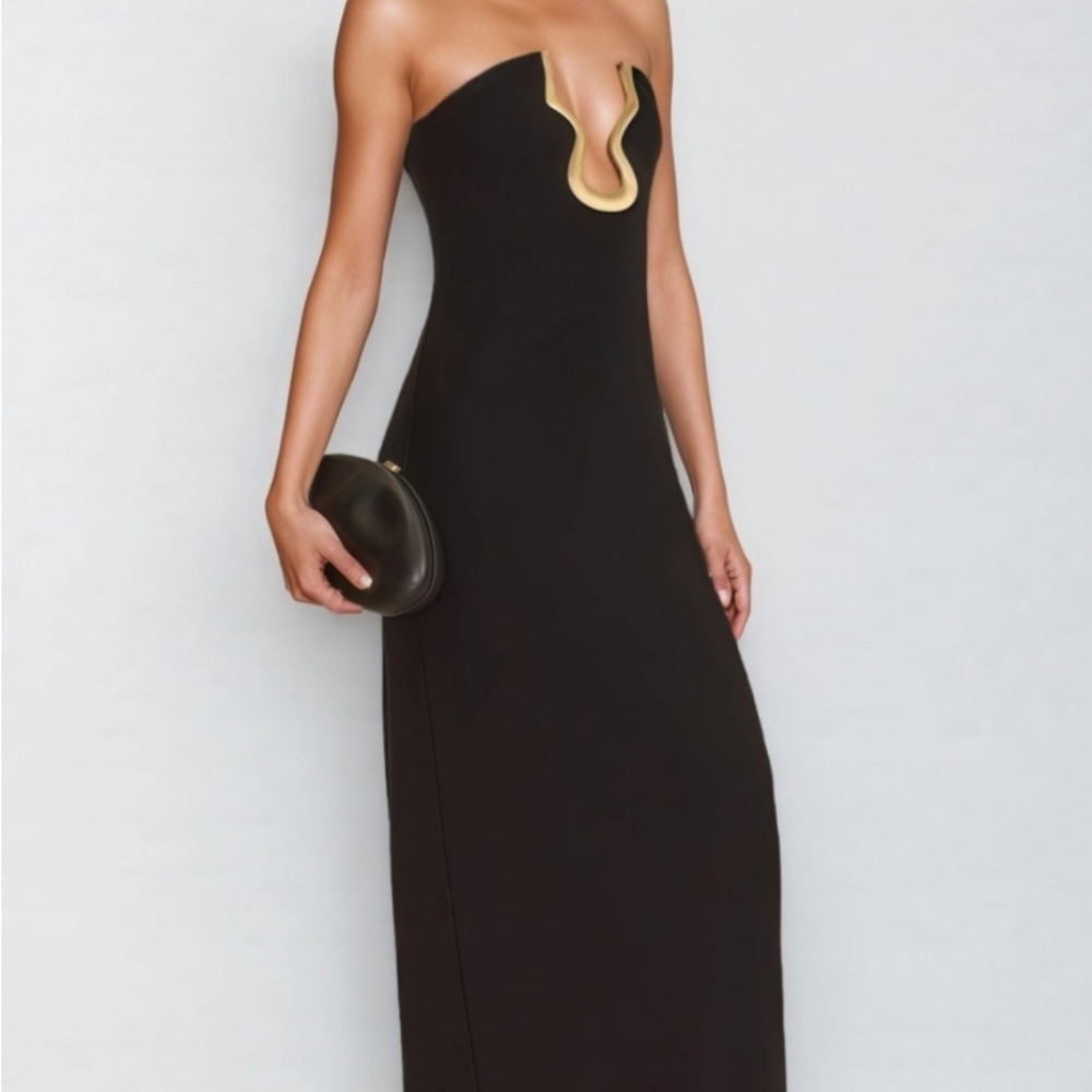 Strapless Black Maxi Dress with Gold Trim. Never Worn...fits like a XXS